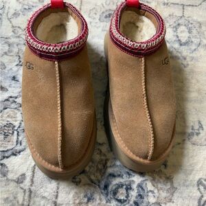 UGG Brown Suede Slippers with Red Accents